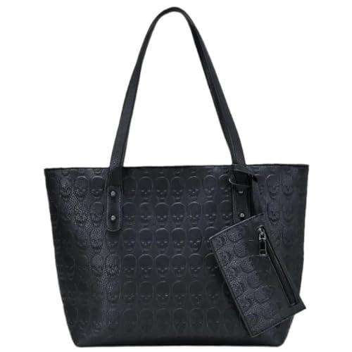 Ro Rox Skulls Bag - Black Faux Leather Tote Bag with Skull E