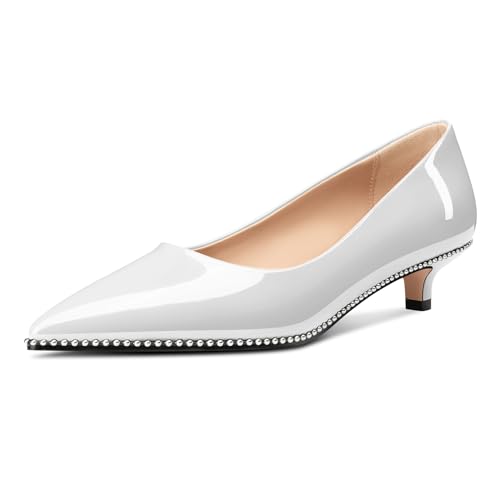 Image of Aachcol Womens Low Heel Pointed Toe Pumps Silver Beaded Kitten Heels Slip-on Comfortable Office Dress Shoes 1.4 Inches Heels