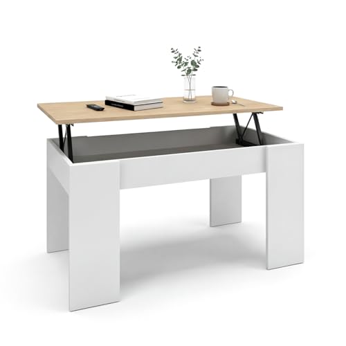 duehome | Mesa de Centro elevable, Mesita de Salón Comedor, Acabado en Blanco Artik y Roble Canadian, Modelo Norak, Medidas: 90 cm (Largo) x 50 cm (Ancho) x 33,8/45,3 cm (Alto)