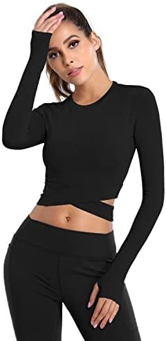 DREAM SLIM Women Long Sleeve Crop Tops Tummy Cross Crewneck Yoga Running Shirts Gym Workout Crop Tops with Thumb Holes (Black Long, S)