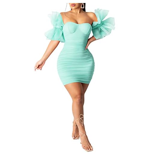 hibshaby Sexy Summer Dresses for Women, Bodycon Ruched Mini Dress Off Shoulder Puff Sleeve Short Dresses Club Outfits Lake Blue Medium
