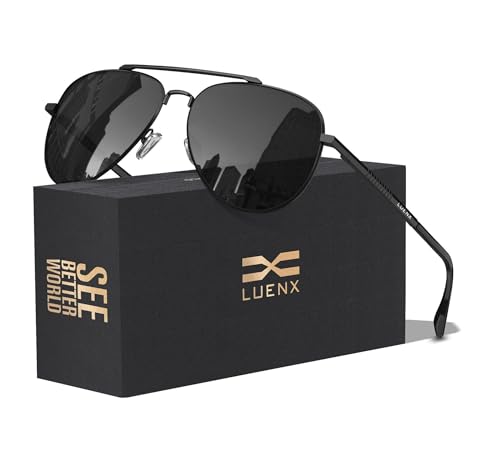 LUENX Aviator Sunglasses for Men Womens Polarized Driving Shades Black Lens Black Metal...