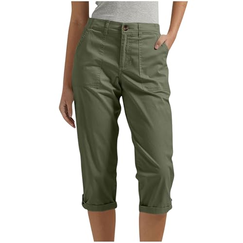 RLEHJN Pantacourt Femme Été Pantalons 3/4 Cargo Décontracté Pantalon Corsaire Ceinture Élastique Couleur Unie Randonnée Pantalon Capri Sport Cargo Taille Haute Pantacourt De Travail Chasse avec Poche