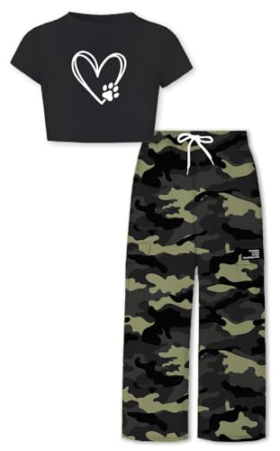 Image of Betusline Girls 2 Piece Outfits Short Sleeve Crop Top & Parachute Cargo Pants Set,4T-14 Years