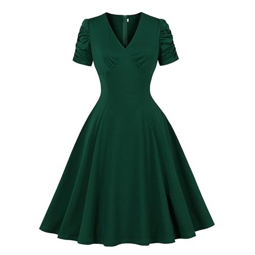 Wellwits Women's Ruched Puff Sleeves A Line Vintage Cocktail Work Dress Green S