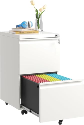 Image of Guizeeopo 2 Drawer Locking File Cabinet, Fully Assembled Heavy-Duty Metal Filing Cabinets for Home Office, Quiet Slides, Anti-Tipping Wheels, Fits A4 /Letter /Legal, Matte White