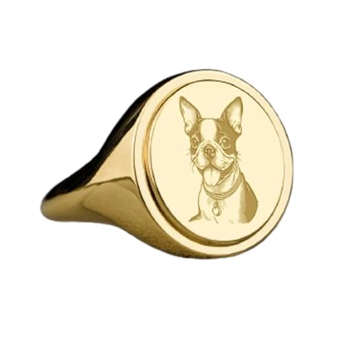 Chevalière Boston Terrier en argent 925 et or | Bague ovale de prestige