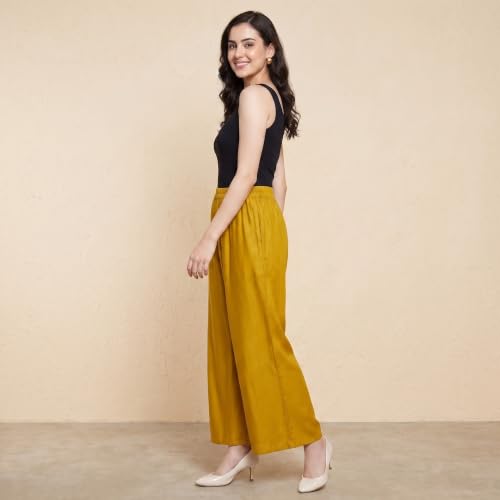 Image of FASHION GALLERY Women's Solid Rayon Palazzo Pants | Relaxed Fit Full Length Wide Leg Palazzo | Elastic Waist Comfortable Casual Lounge Office Ethnic Flared Trousers for Women