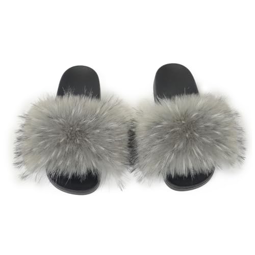 Image of Women's Faux Fur Slides Slippers Fluffy Fuzzy Sandals Open Toe Furry Slide Flip Flop Indoor Outdoor