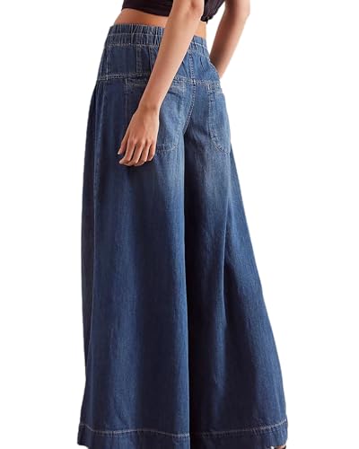 Women's Baggy Wide Leg Jeans Elastic Mid Waisted Drawstring Loose Fit Casual Denim Pants3