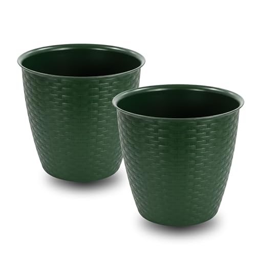 ADEPTNA Set of 2 Round 25cm Garden Plastic Rattan Plant Pots – Durable Indoor & Outdoor Planters with Drainage Holes – Weather & UV Resistant Lightweight Flower Pots – Green