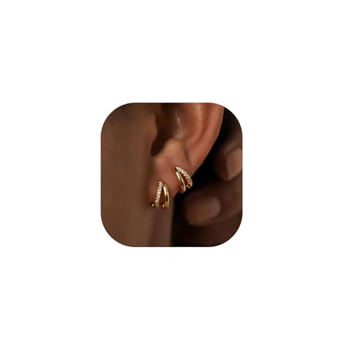 Upeilxd Pendientes de oro para mujer, chapados en oro de 14 quilates, aretes de tuerca de oro delicados, aretes de aro pequeños de oro, aretes de aro de oro para uso diario, aretes de cartílago de