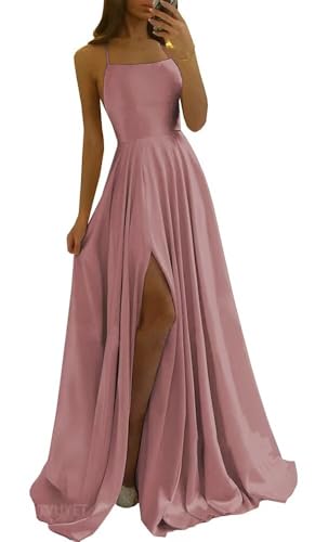 Image of Tvuyet Satin Prom Dresses Long with Pockets Spaghetti Straps A Line Bridesmaid Dresses with Side Slit Ball Gown