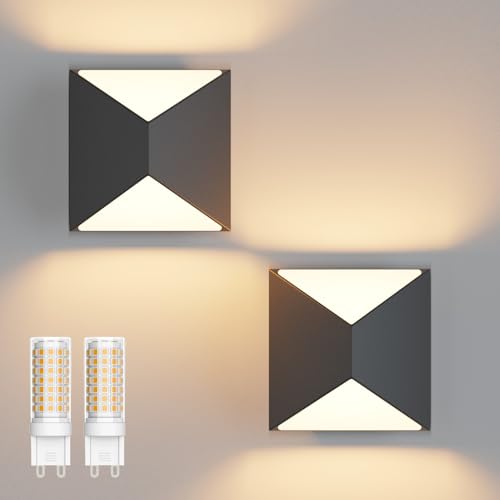 Klighten 2PCS Appliques Murales Interieur, 5W Noir Lampe Murale Interieur Blanc Chaud 3000K Moderne Applique Murale pour Chambre Maison Couloir Salon (G9 ampoule Inclure)