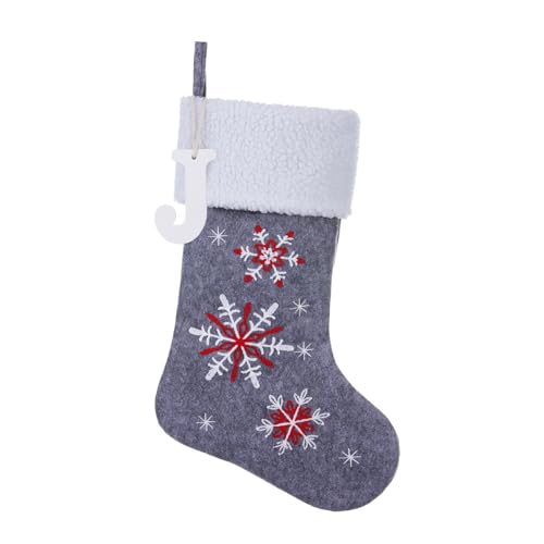 JKSVE 19.5 Inch Personalized Wooden Initial Monogram Christmas Stocking,Embroidered Snowflake Fireplace Hanging Stockings for Family Holiday Decorations and Xmas Gift（Letter J）