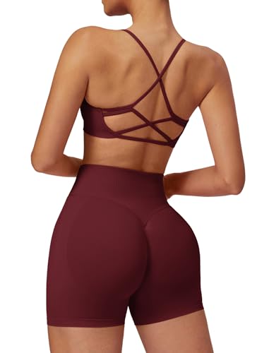 IMEKIS Gym Set Damen Sport Outfit Strappy Rücken Sportbh mit Hohe Taille Shorts 2 Teilig Fitness Kleidung Kurz Sportanzug Workout Activewear Weinrot M