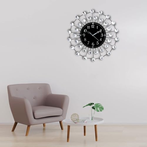 Image of CHRONIKLE Modern Floral Design Crystal Round Diamond Studded Analog Metal Wall Clock for Living Room Home Decor Office Gifts (Size: 36.5 x 5 x 36.5 CM | Color: Silver & Black | Weight: 870 Gram)