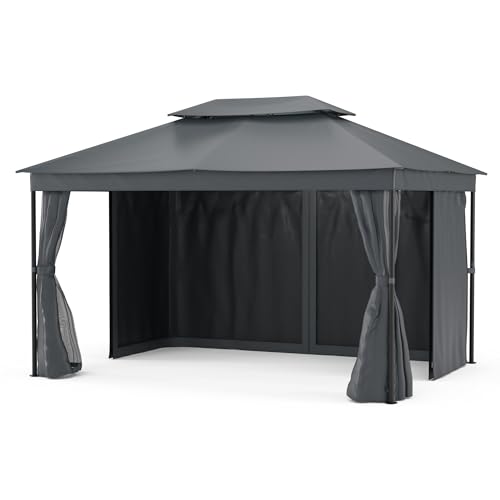 blumfeldt Mondo Dual Pavillon 3x4 – Doppeldach & Moskitonetze, Rostfreier Metallrahmen, Wetterfeste Überdachung, Gartenpavillon, Dunkelgrau