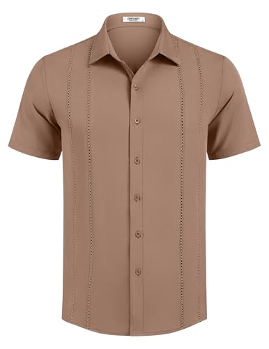 Image of COOFANDY Mens Cuban Guayabera Shirt Short Sleeve Button Down Shirts Summer Beach Vacation Shirts