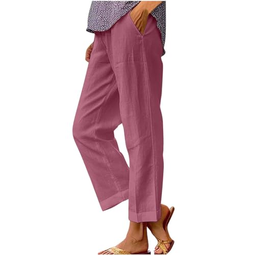 YRAETENM Cotton Linen Pants Women Elastic High Waisted Straight Leg Lounge Pants Casual Slacks Summer Trousers with Pockets