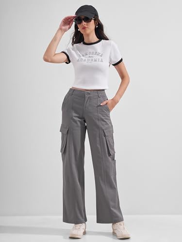 Image of Tokyo Talkies Pure Cotton Straight Wide Leg Cargo Pants |Relaxed Fit Utility Trousers