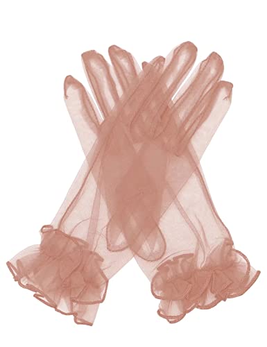 QRBTSCL Women's Ruffled Tulle Mesh Gloves Short Tea Party Gloves Blush