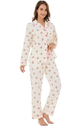 Image of LUBOT 100% Cotton Pajamas for Women Pajama Set 2 Piece PJ Sleepwear Set Soft Ladies Button Knit Long Sleeve Loungewear XS-XXL