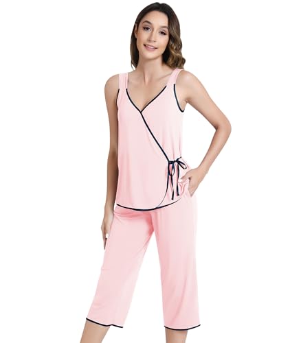 Image of NACHILA Pajamas Set for Women-Viscose Made from Bamboo, Sleeveless Pjs Cool V Neck Sleepwear Soft Capri Pants Pajama Sets