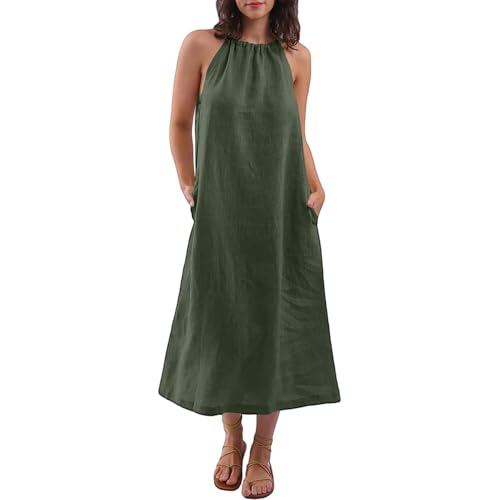 Maxikleider Damen Sommer Lang Ärmellos A Linie Neckholder Kleid Damen Elegant Maxi Baumwolle Leinen Sommerkleider Leicht Und Luftig Sommerkleid mit...