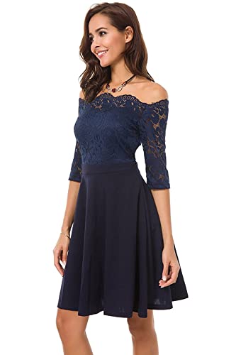 Image of Atnlewhi Womens Vintage Lace Floral Off Shoulder Elegant Swing Dresses A-line Mini Dress for Party Cocktail Wedding