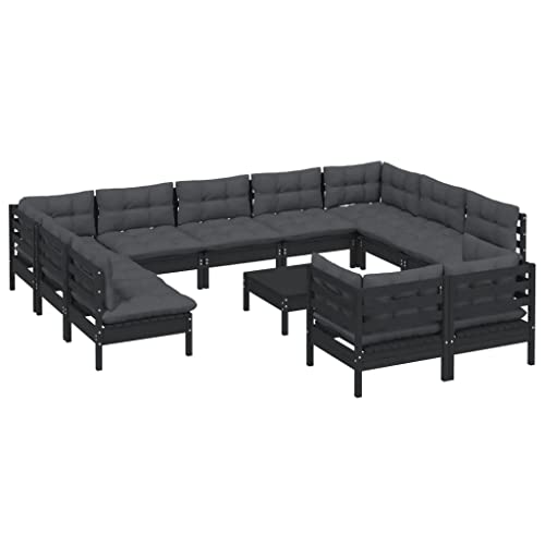 vidaXL Garten Lounge Set 12-TLG., Gartenmöbel Set Sitzgruppe für Garten Terrasse Balkon, Modular Sofa mit Kissen, Garnitur Loungemöbel, Schwarz Kiefer Massivholz