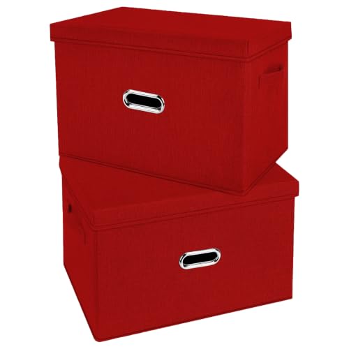 Image of Large Linen Fabric Foldable Storage Bins with Removable Lid and Handles, Washable Storage Box Organizer Containers Baskets Cube with Cover for Bedroom,Office(Red, XXL(2-Pack))