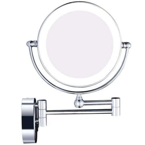 Image of Brass LED Mirror Dual Side Round Mirror for Bathroom 360 Swivel with Zoom View | Magnifying Shaving Makeup Vanity Mirror Wall Mounted (LED Chrome)