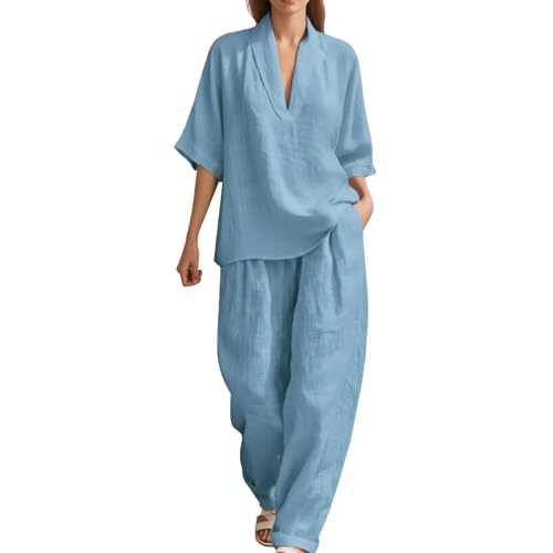 Conjunto de lino para mujer con blusa manga corta y pantalón largo de pierna ancha para verano