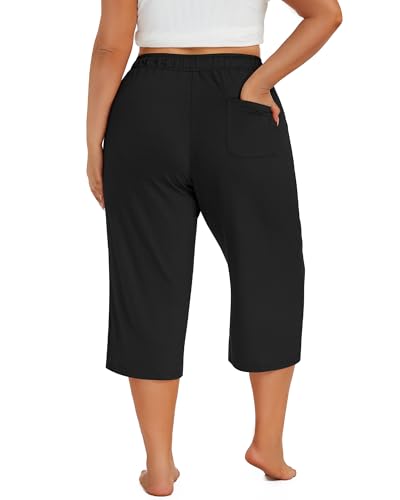 Neer 3 Pack Women's Plus Size Capris, Cotton Wide Leg Pants Casual Drawstring Capri Sweatpants Drawstring Pants with Pockets4