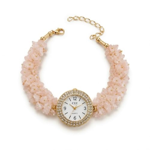 Image of ARKN Crystal Bracelet Watch for Women | Natural Gemstone Beaded Wrist Watch | Gold-Tone Dial with Rhinestone Bezel | Adjustable Fashion Jewellery Gift for Women & Girls