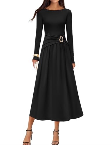 MEROKEETY Women's 2025 Fall Long Sleeve Midi Dress Elegant Boat Neck Ruched Swing Cocktail Party Dresses