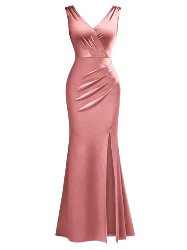 Image of Miusol Women's V-Neck Sleeveless Elegant Satin Ruched Slit Party Formal Maxi Dress