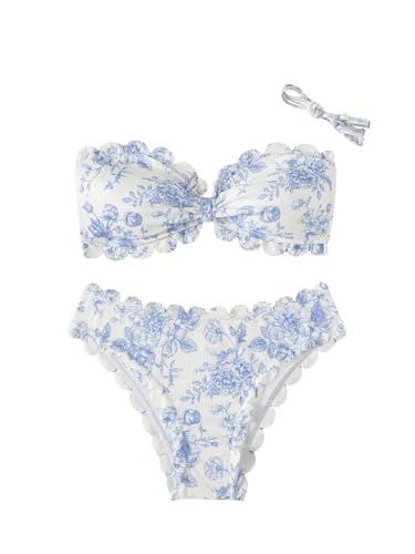 SHENHE Women's 2 Piece Bandeau Bikini Sets Floral Print Scalloped Boho Strapless Swimsuits