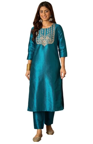 Image of Women's Silk Blend Solid Regular Kurta Set