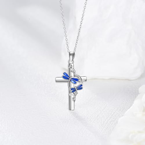 Image of RMREWY Cross Bee /ladybug /Butterfly /Dragonfly /Red Cardinal Necklace for Women 925 Sterling Silver Cross Pendant Necklace Animal Lovers Jewelry Christmas Gifts for Women Mother Grandma