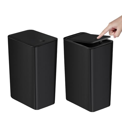 Image of TIPGO Bathroom Trash Can with Lid, 10 Liter / 2.6 Gallon Slim Garbage Can, Small Trash Bin Waste Basket with Pop-Up Lid for Kitchen, Bedroom, Living Room, Office (2 Pack, Black)