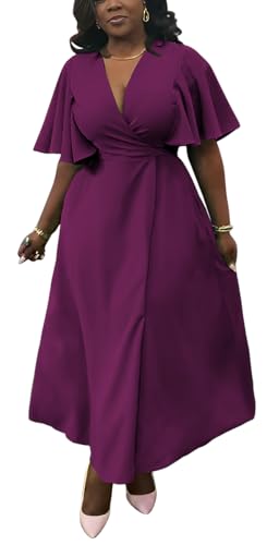 Image of Summer Dresses for Women Semi-Formal Fit Casual Short Ruffle Sleeve V Neck Elegant Swing Split Long Maxi Dresses
