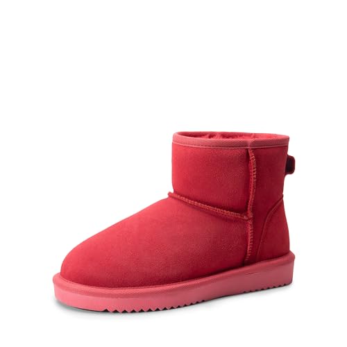 DREAM PAIRS Snow Boots for Women Genuine Suede Faux Fur Lining Anti-Slip Warm Winter Booties Slip On Memory Foam Ankle Boots FuzzyClassicⅡ Low Boots,Size 8,Red,SDSB2432W
