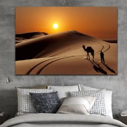 ZHUOYA Camel and Herdsman in Sahara Desert Landscape Wall Art Morocco Desert Canvas Painting for Room Decor Wall Prints Poster(20x30cm/Frameless)