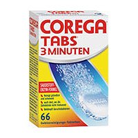 Corega Pastillas de 3 minutos para dentaduras completas y parciales, retenedores y alineadores, guías de protección bucal y otros aparatos extraíbles, 1 x 66 unidades.