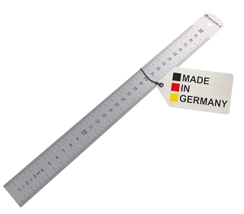 BAUHELD® Stahllineal 300mm - EG-1 - [Made in Germany] - Metall-Lineal mit Messskala in Zoll und Zentimeter - Stahl-Maßstab aus rostfreiem Edelstahl - 30 cm Anreißlineal inklusive Aufhängelochung