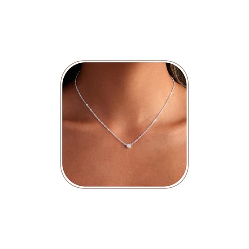 MIDEEO Silver CZ Diamond Necklace for Women Dainty Cubic Zirconia Solitaire Pendant Necklace Silver...