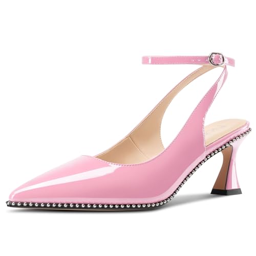 Image of NobleOnly Womens Slingback Heels Beaded Pumps Ankle Strap Pointed Toe Kitten Heels Dress Shoes 2.6 Inches
