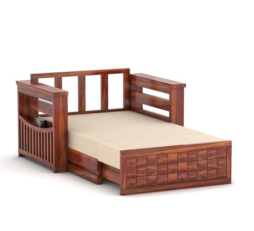 Image of Sheesham Wooden 2 Seater Sofa Cum Bed with Mattresses for Home Living Room | Rosewood 2 Seater Sofa Cums Bed for Bedroom Without Pillow | Solid Wood Sofa Bed (Honey D, 2 Seater)